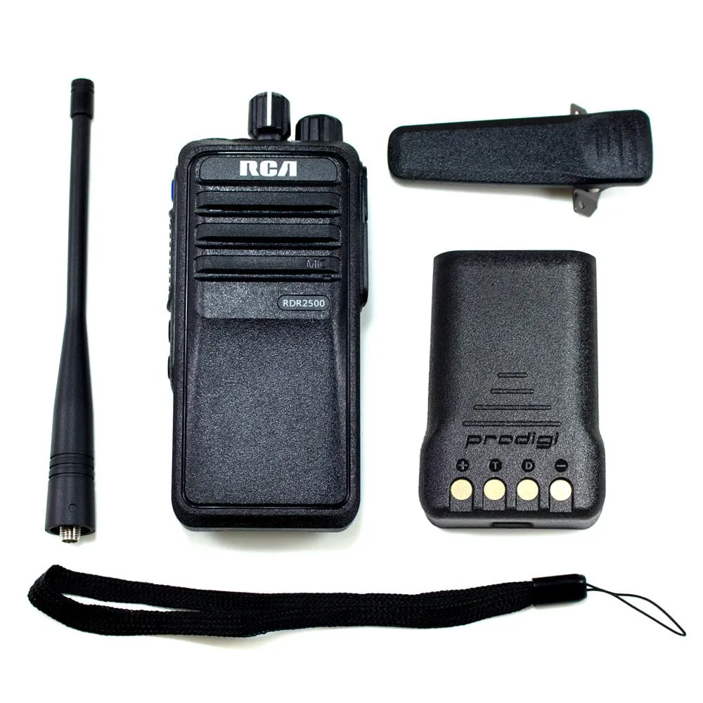 RDR2500 walkie talkie and accessories on a white background